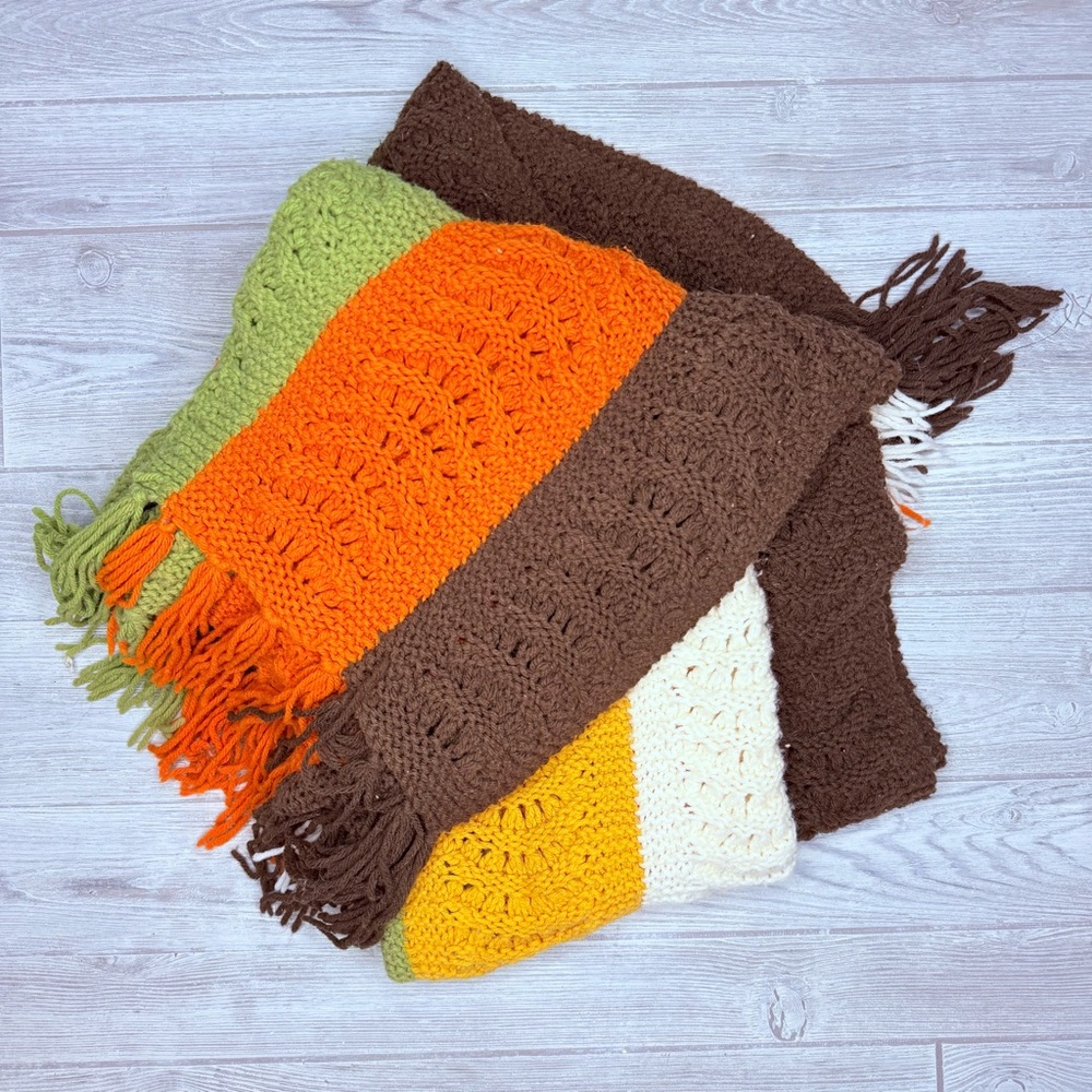 Vintage crochet knit striped warm colors fall crochet Afghan throw blanket